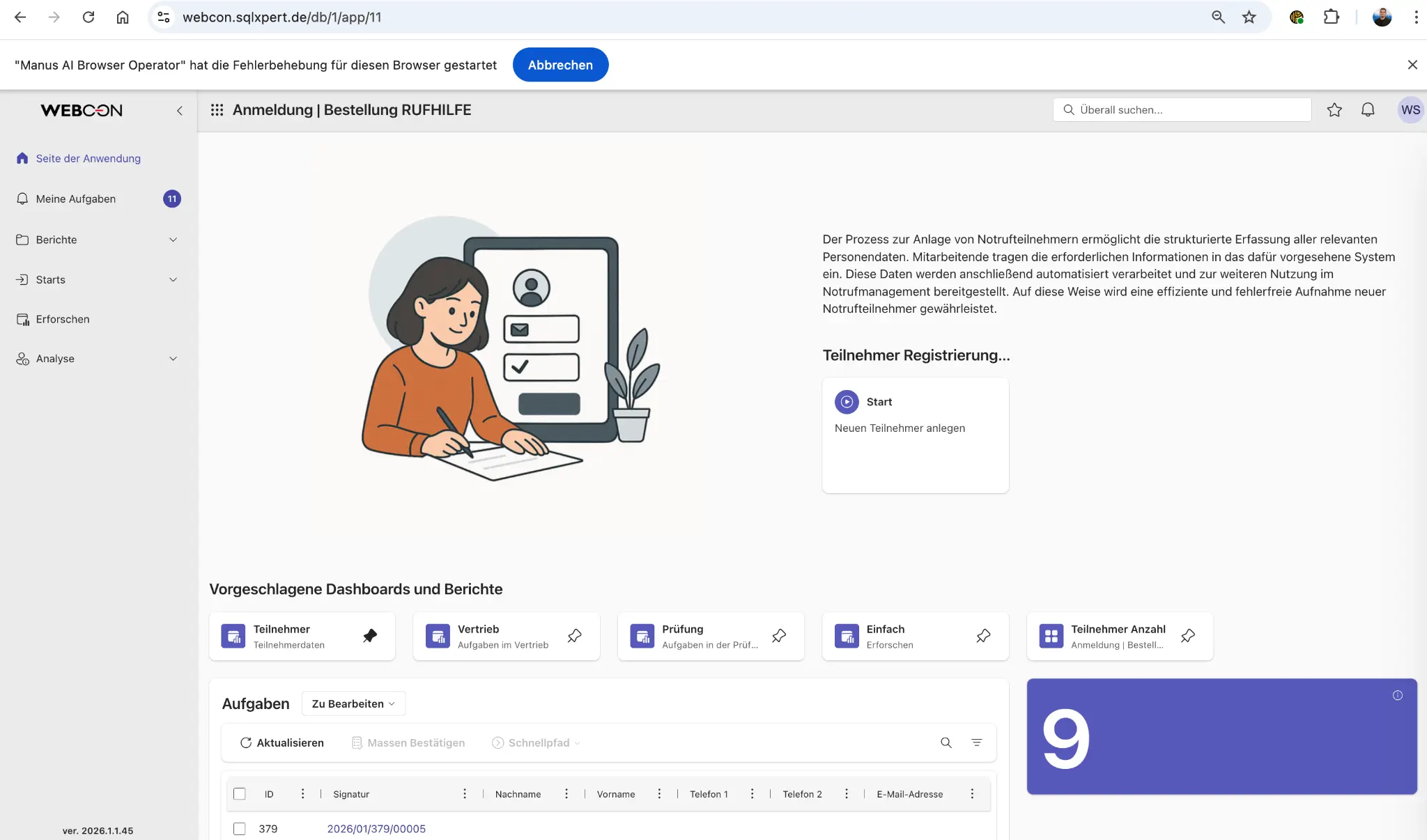Webcon Dashboard mit Teilnehmer-Registrierungen und Aufgabenliste